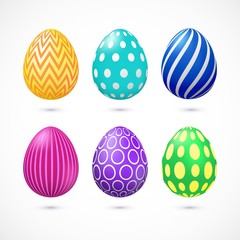 Set of vector colorful eggs with shadow for Easter day greeting card. Different realistic color decorated eggs. Easter decoration elements for template, promotion, poster, flyer, web.