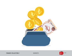 Blue opened purse with 50 Turkish Lira Banknote and coins. Flat style vector illustration. Business concept.