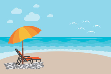 Summer Beach Chair illustration Background. Vector illustration of the day at the beach with sea waves, seaside view with copyspace