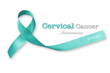 Teal ribbon for raising awareness on Cervical Cancer (isolated on white background with clipping...