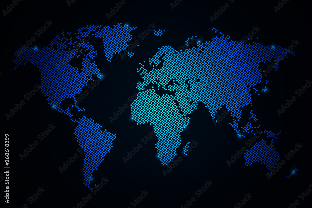 Wall mural map world point scales on dark background with map world. wire frame 3d mesh polygonal network line,