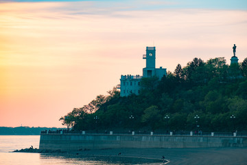 Sunset on the Amur river embankment in Khabarovsk, Russia.