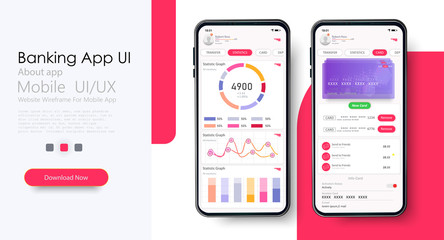 Banking App UI Kit for responsive mobile app and statistics card. Online Payment or Credit cards app ui kit for responsive mobile app. Uploading, saving, checking accounts and transaction confirmation