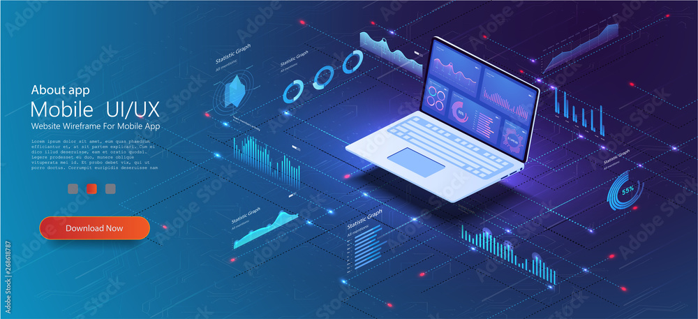 Leinwandbilder application of laptop with business graph and analytics data on isometric laptop . analysis trends a