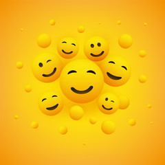 Naklejka premium Various Smiling Happy Emoticons in Front of a Yellow Background, Vector Concept Illustration 
