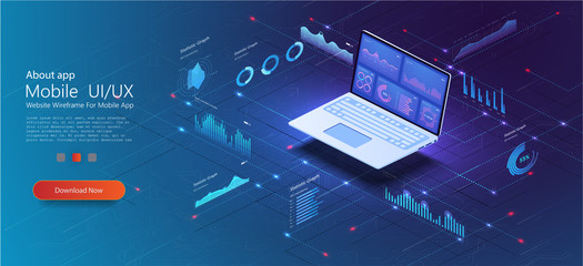 Application of laptop with business graph and analytics data on isometric laptop . Analysis trends and financial strategy by using infographic chart. Online statistics and data Analytics. Vector - obrazy, fototapety, plakaty
