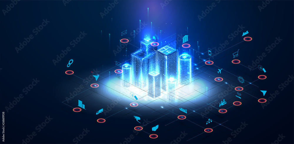 Poster modern isometric design concept of smart city for website and mobile website development.modern city