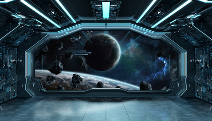 Fototapeta premium Ciemnoniebieskie futurystyczne wnętrze statku kosmicznego z widokiem na przestrzeń i planety renderowania 3d