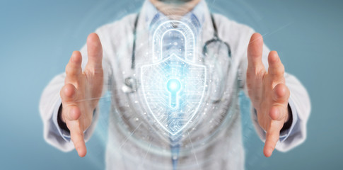 Scientist  using digital padlock security interface to protect datas 3D rendering