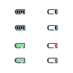 Eight charges battery level icons in line art style for web and mobile app.