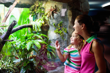 Family watching snake in zoo terrarium.