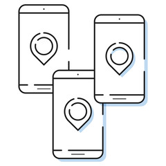 Smartphone icon with location pointer in simple line style. Outline cell phone vector for website and app.