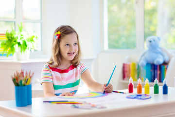 Kids paint. Child painting. Little girl drawing.