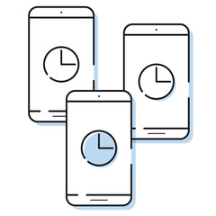 Three smartphone icons with clock in simple line style. Outline cell phone vector.