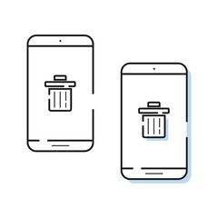 Two smartphone line art icons with trash can in simple style. Outline cell phone vector.