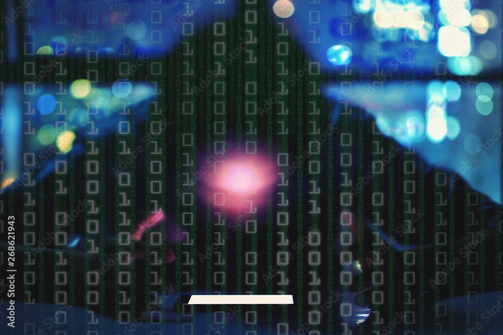 Poster blurred anonymous man face looking directly at an mock up white screen mobile smartphone. multiple exposure with binary Matrix Futuristic blocks of computer data transfer information
