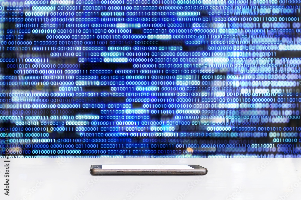 Poster mobile phone sitting on glossy white table with  Blue binary data code background .empty screen mock up. conceptual data medium concepts.