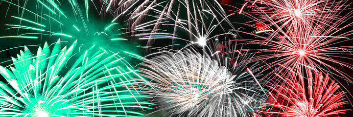 Green white and red fireworks panoramic background, italian flag colors, 2026 winter olympics Milan Cortina celebration