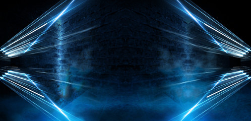 Dark tunnel, corridor. Neon light, reflection of light, lamps on the walls of brick, the old room,...