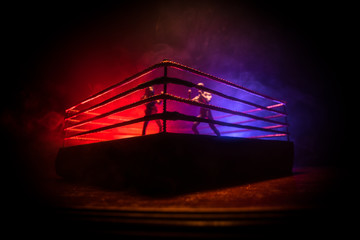 Fototapeta na wymiar Man and woman boxing on the ring. Sport concept. Artwork decoration with foggy toned dark background.