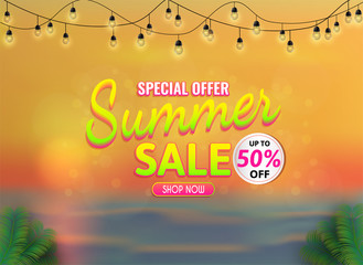 Vector Background and Summer Sale for banner. And the view of the sea during the evening before sundown. And the colors of the party.  and Can be used as an illustration or as a backdro