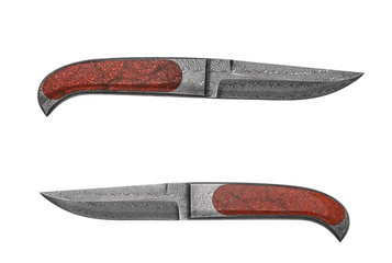 Damascus steel hunting knife isolate on white back