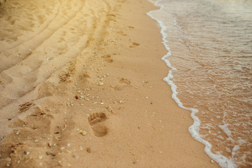 Footprints of human feet on the sand near the water on the beach