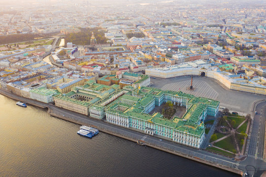 Aerial view cityscape of city center, Palace square, State Hermitage museum (Winter Palace), Neva river. Saint Petersburg skyline. SPb, Russia