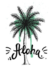 Fototapeta na wymiar Hand drawn palm tree with paint splatter. Aloha hand lettering, Hawaiian language greeting typography. Vector illustration for wallpaper, textile, fashion banners, cards, posters.