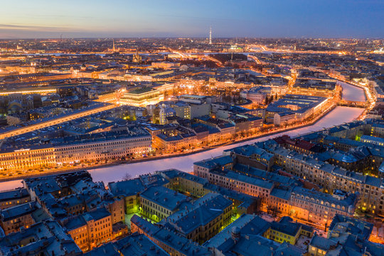 Night panoramic view from the top of the center of St. Petersburg.