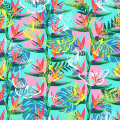 pattern with the bird of paradise flower (Strelitzia )and butterflies exotic background.