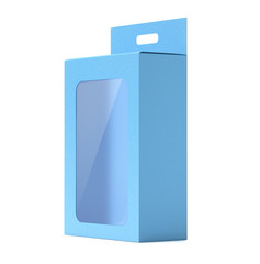 Box mock up. Blue display box with transparent window. 3d rendering illustration