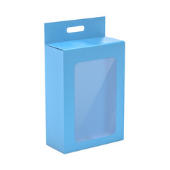Box mock up. Blue display box with transparent window. 3d rendering illustration