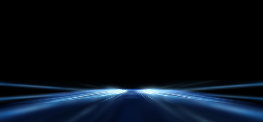 Dark empty abstract scene, rays of searchlights, neon blue light, highlights and lights. Night view of the scene, a tunnel with illumination. Dark background with spotlights.