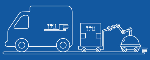 Fototapeta na wymiar Vector illustration with robot loader loads boxes into a truck. Automation warehouse processes. Smart Logistic. Robotic worker. Cargo Delivery. New technologies.