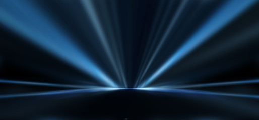 Dark empty abstract scene, rays of searchlights, neon blue light, highlights and lights. Night view of the scene, a tunnel with illumination. Dark background with spotlights.