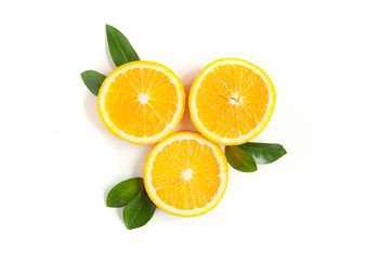 Round orange slices on a white background. Citrus tropical fruit background. Bright food. Dietary vitamin nutrition. A lot of vitamin C.