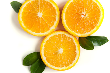 Fototapeta na wymiar Round orange slices on a white background. Citrus tropical fruit background. Bright food. Dietary vitamin nutrition. A lot of vitamin C.