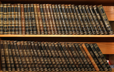 Wooden cabinets with collection of books in library