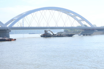 Fototapeta na wymiar Decommissioning od bridge on Danube river