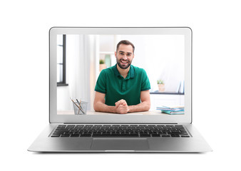 Using laptop for video chat with man on white background