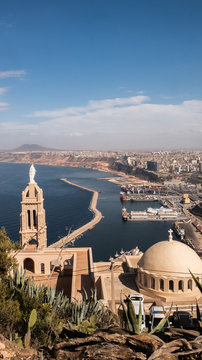 Mountain top cathedral and panorama skyline view of Oran, Algeria