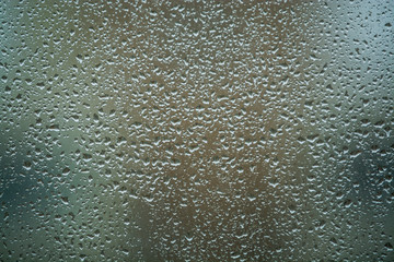 Background or texture. It is a lot of small a rain drops on window glass. Rainy day of spring.