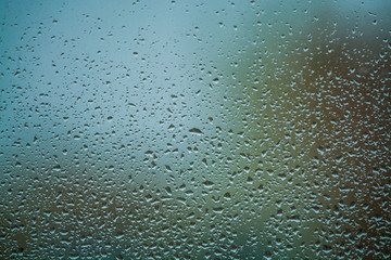 Background or texture. It is a lot of small a rain drops on window glass. Rainy day of spring.