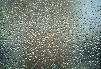 Background or texture. It is a lot of small a rain drops on window glass. Rainy day of spring.