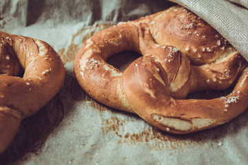 Bakery Fresh Pastries. Pretzels From the Oven on Baking Sheet.