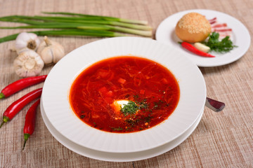 Traditional Ukrainian Russian borscht with white beans on the bowl. Traditional Ukraine food cuisine