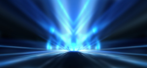 Dark background with spotlights.