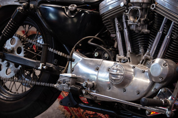 Fototapeta na wymiar Detail of black, silver and chromed motorcycle
