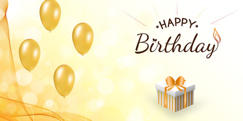 Naklejka premium Happy birthday card design, in the background bokeh. Celebration concept with flying gold balloons and wavy colorful veil. Striped gift box under the decorated text with orange glossy bow.